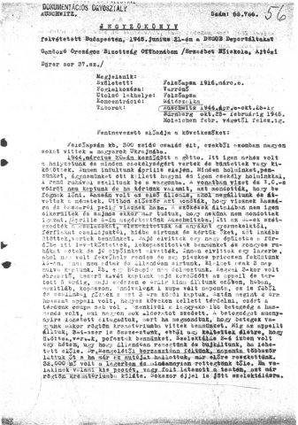 Részlet a Deportáltakat Gondozó Országos Bizottság által felvett jegyzőkönyvekből (Forrás: DEGOB-jegyzőkönyvek: 56, MZSL)
